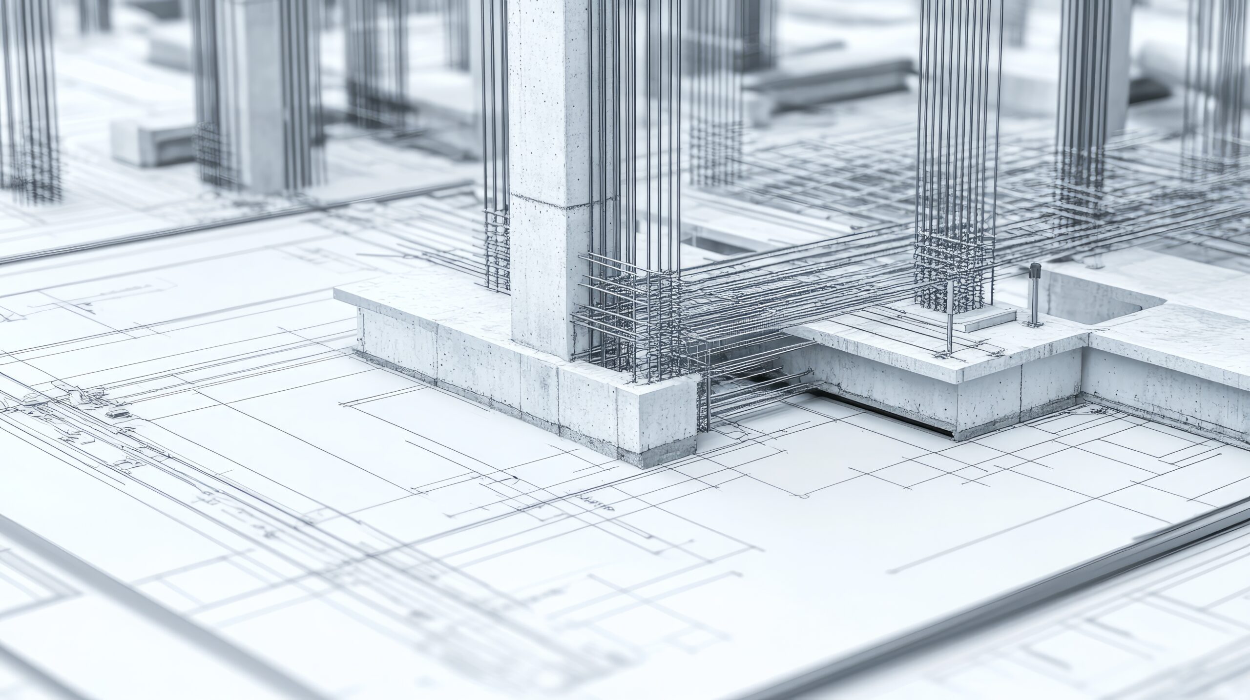 Blueprint of reinforced concrete columns steel reinforcements and foundation slabs representing an unfinished building project 3D illustration