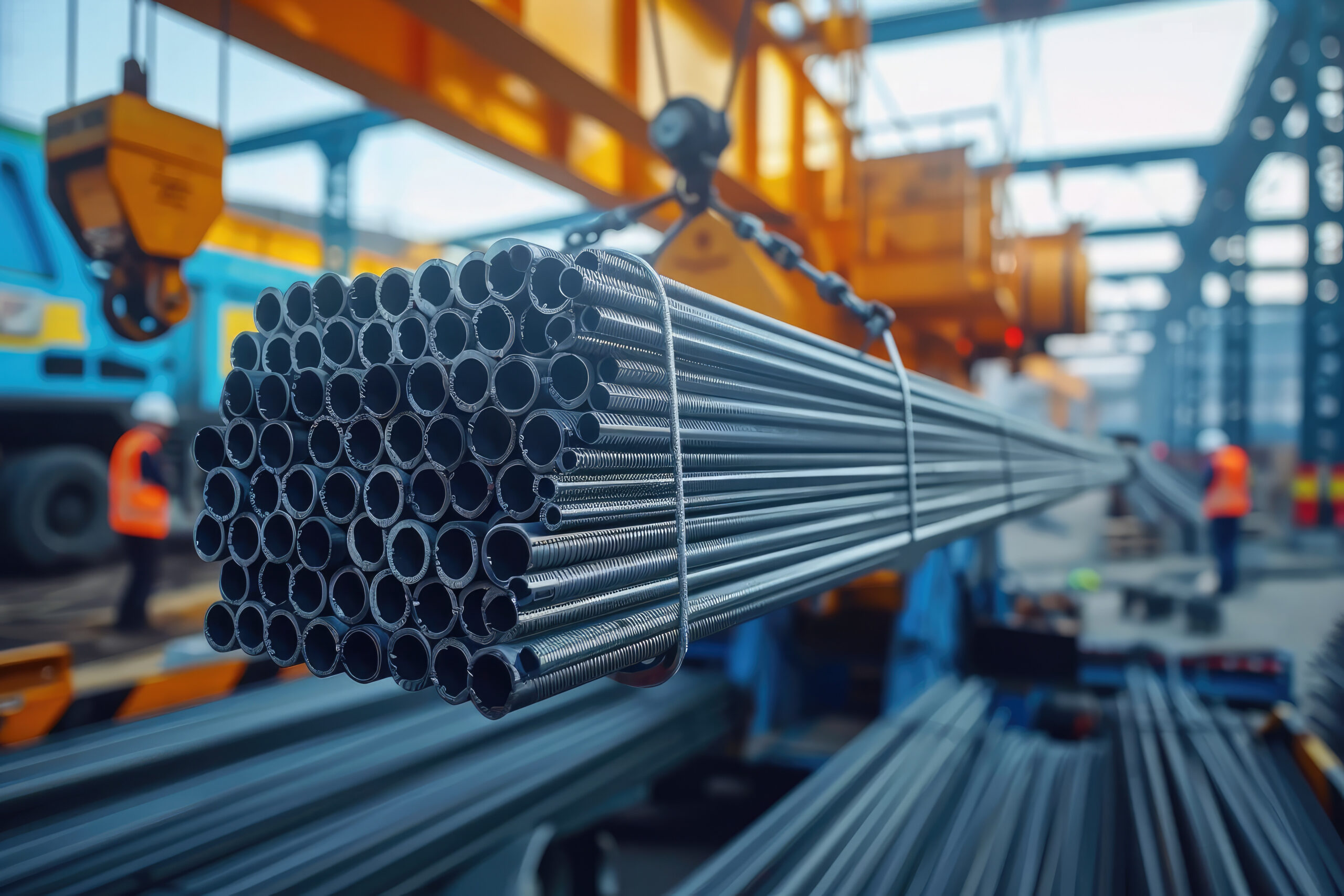 View the essential rebar delivery to construction sites, featuring trucks and cranes in operation, perfectly suited for showcasing industrial and urban development.
