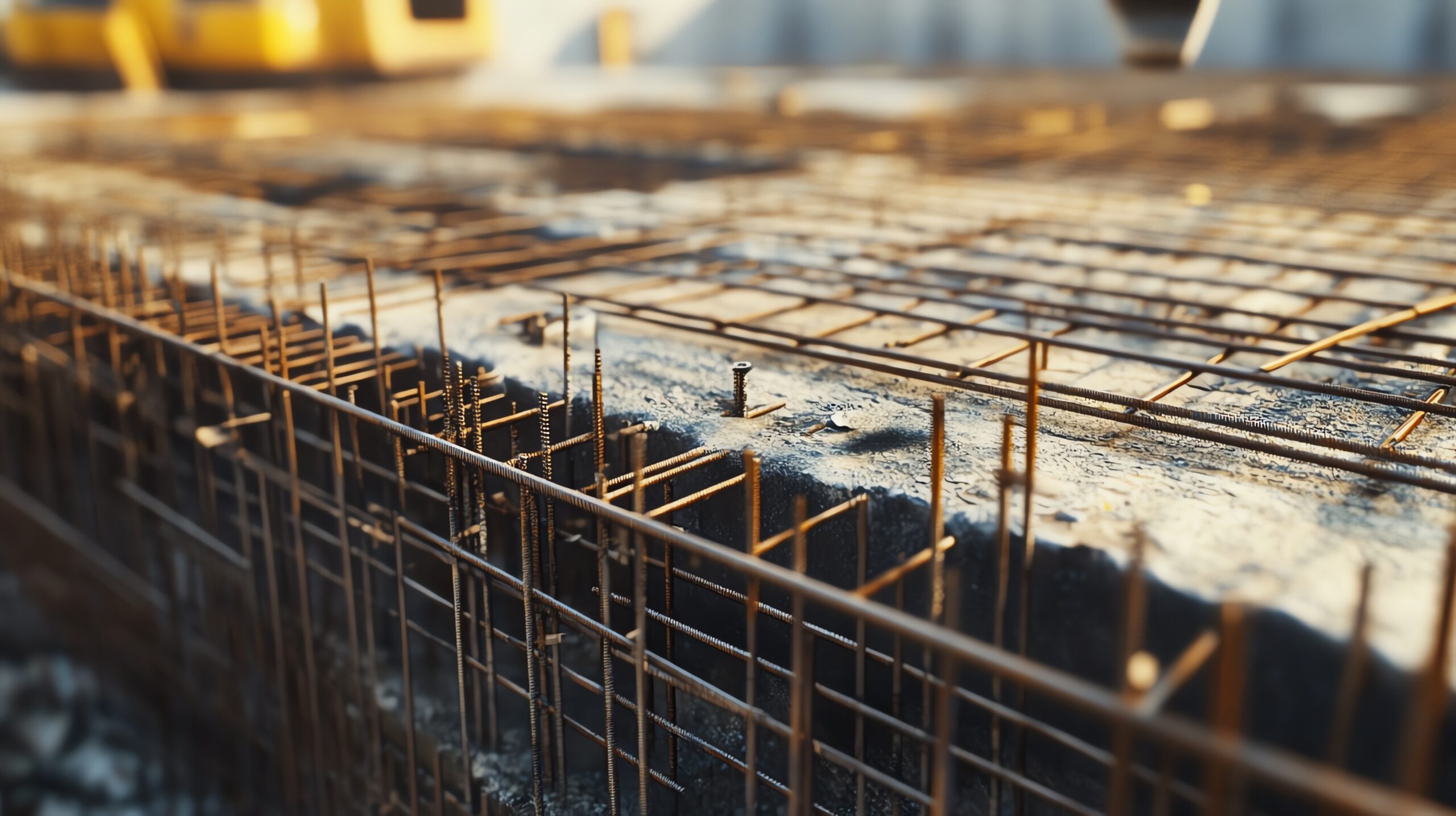 Photo realistic image of construction workers assembling foundation rebar structure before concrete pour, showcasing technical detail and precision.