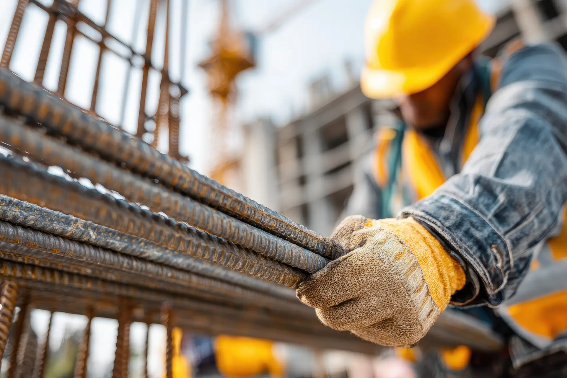 A construction worker in a yellow hard hat and gloves pulls steel rebar on a sunny site, with colleagues and machinery visible in the background.